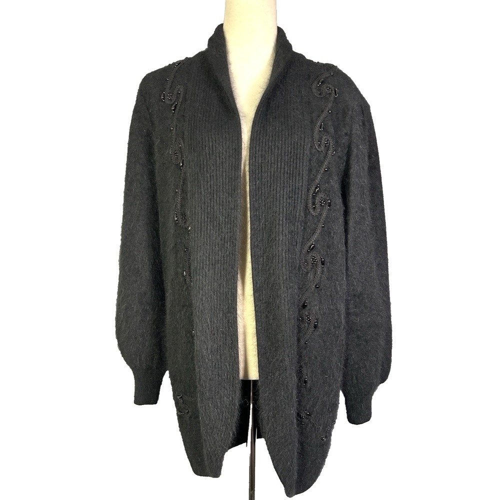 Vintage 80s Sweater Womens OS Black Rabbit Angora Hair Cardigan Beaded